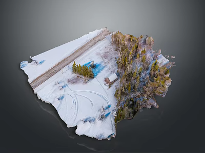Detailed Snowy Terrain Model Featuring Forest Dirt Road And Small Cabin 3d model