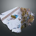 Detailed Snowy Terrain Model Featuring Forest Dirt Road And Small Cabin