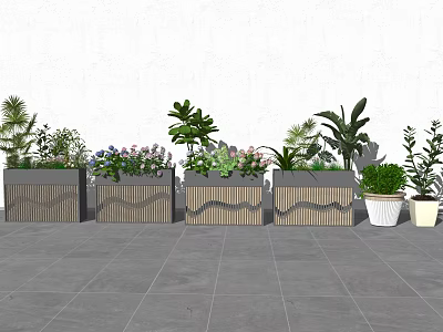 Row of Decorative Flower Planters With Textured Design And Mixed Green Plants 3d model