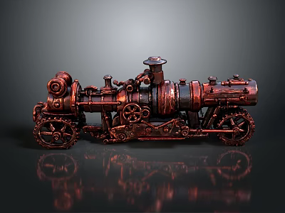 Vintage Copper Steam Train Model with Intricate Gears Metallic Wheels on Reflective Surface 3d model