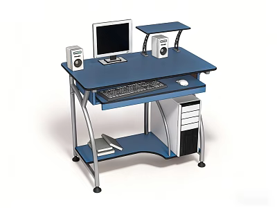 Blue Computer Desk with Monitor Keyboard Mouse Speakers Tower and Metal Frame 3d model