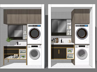 Modern Bathroom Cabinet Frame With Wooden Cabinets Washing Machine Dryer Mirror And Storage 3d model