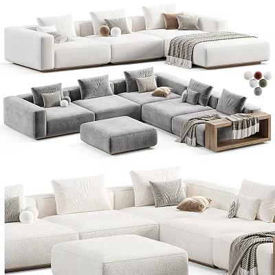 Modern Sectional Sofa With Gray White Upholstery Decorative Pillows And Ottoman 3d model