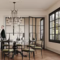 Elegant Restaurant Interior With Crystal Chandelier Round Dining Table Black Chairs Green Cushions Wooden Floor