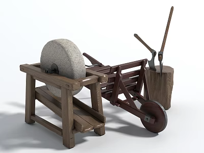 Vintage Rustic Wooden Stone Mill Cart And Tools Decorative Ornament Set 3d model