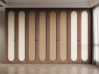 Modern Wooden Wardrobe Design With Multiple Arched Doors And Natural Wood Finish 3d model