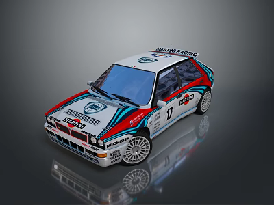 White Rally Car With Red Blue Stripes Sponsor Logos And Racing Wheels 3d model
