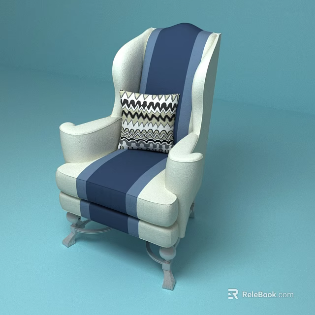 Blue And White Striped Armchair With Geometric Patterned Cushion And Light Colored Legs 3d model 