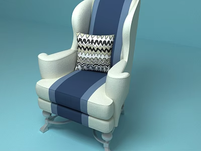 Blue And White Striped Armchair With Geometric Patterned Cushion And Light Colored Legs 3d model