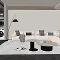 Modern Living Room Interior With Beige Sofa Multiple Pillows Coffee Tables Floor Lamp And Rug