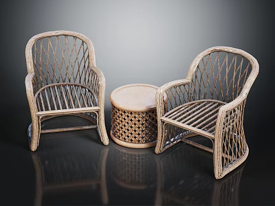 Natural Rattan Furniture Set With Two Chairs And Small Round Table 3d model