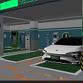 Modern Electric Vehicle Parking Lot With Charging Stations And Green Flooring