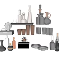 Stylish Cups Display with Bottles Vases and Plates on Modern Decor Shelf