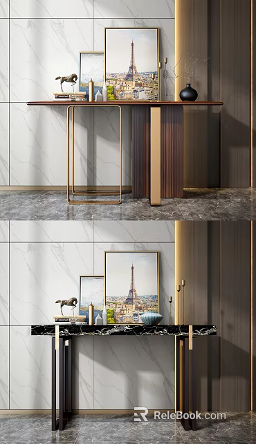 Elegant Modern Console Table Interior With Marble Wall Metal Frame And Decorative Paintings 3d model