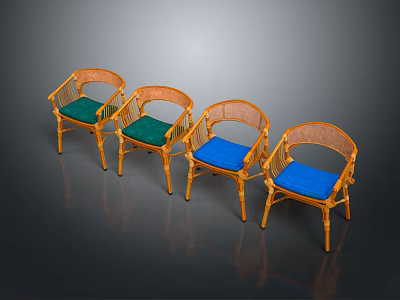 Rattan Single Chair with Green and Blue Cushions Wooden Legs Modern Natural Design 3d model