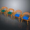 Rattan Single Chair with Green and Blue Cushions Wooden Legs Modern Natural Design