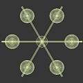 Black Metal Cross Design Chandelier With Golden Base And Six White Spherical Shades