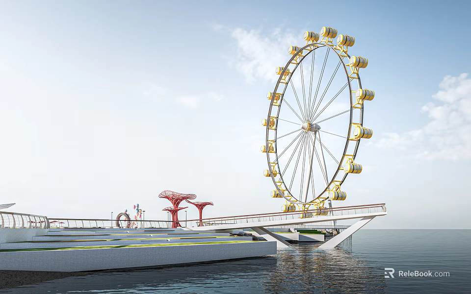 Kids Play Area With Ferris Wheel Red Structures And Waterfront Platform Over Water 3d model 