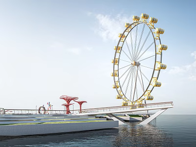 Kids Play Area With Ferris Wheel Red Structures And Waterfront Platform Over Water 3d model