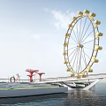 Kids Play Area With Ferris Wheel Red Structures And Waterfront Platform Over Water