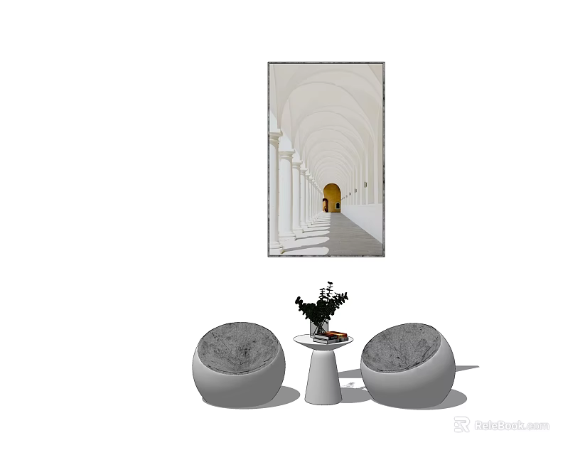 Modern Casual Sofa Set With Round Gray Seats Small Table And Wall Art 3d model