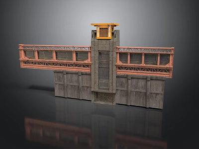 Industrial Dam Structure With Gray Concrete Walls Orange Metal Framework And Yellow Top Unit 3d model