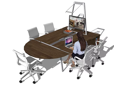 Oval Wooden Conference Table With White Office Chairs Laptop Display Stand And Working Person 3d model