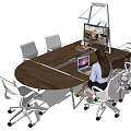 Oval Wooden Conference Table With White Office Chairs Laptop Display Stand And Working Person