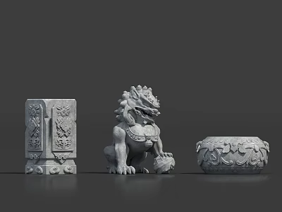 Decorative Carved Rockery Stones With Lion Sculpture Ornate Pillar And Basin 3d model