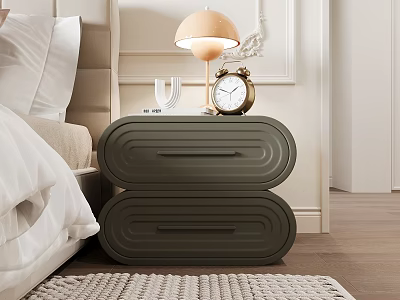 Modern Minimalist Olive Green Nightstand With Double Drawers And Bedside Lamp Alarm Clock 3d model
