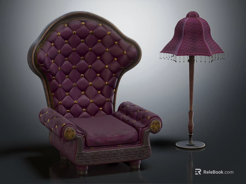 Luxurious Purple Diamond Tufted Single Sofa With Gold Accents And Floor Lamp 3d model 
