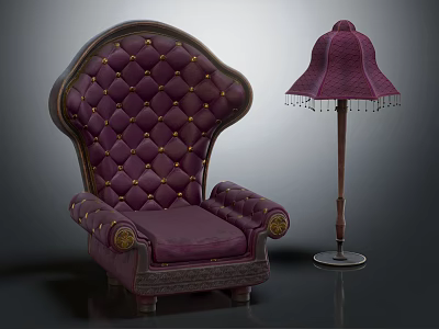 Luxurious Purple Diamond Tufted Single Sofa With Gold Accents And Floor Lamp 3d model