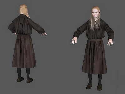 Game Movie Character Blonde Long Hair Dark Dress Belt Black Stockings Brown Shoes Front Back 3d model