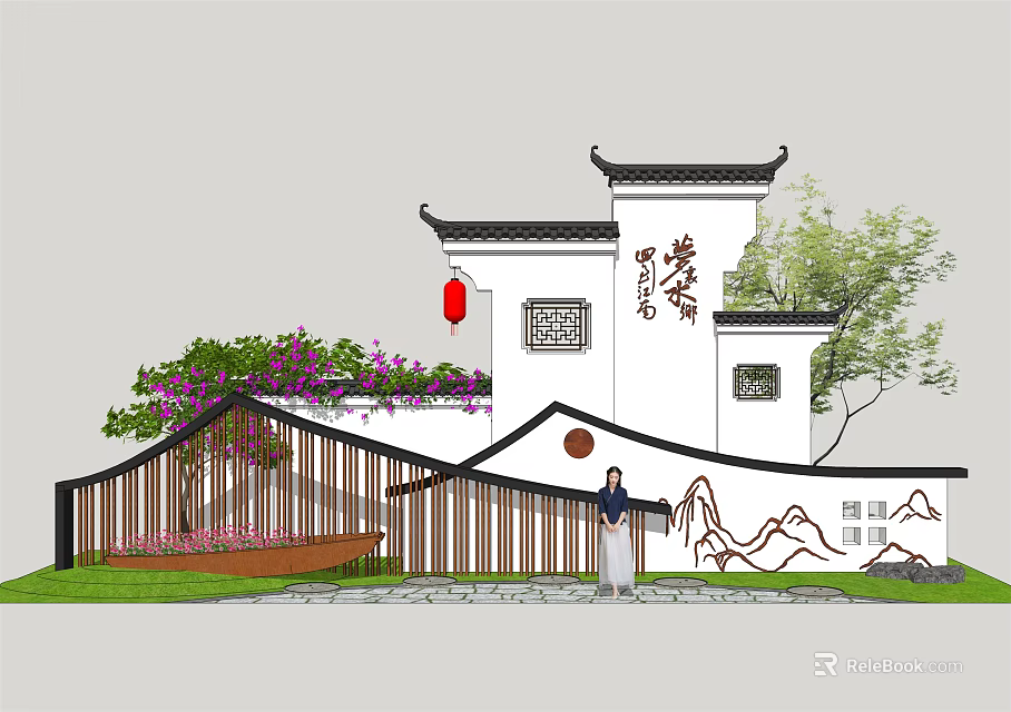 Traditional Chinese Scenic Wall With Eaves White Walls Black Tiles Red Lanterns And Landscape Patterns 3d model 