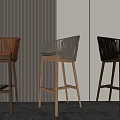 Modern Wooden Bar Stools With Woven Details Against Vertical Stripe Wall Interior