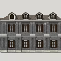 Historic Commercial Complex With Gray Brick Walls Brown Roof And Arched Windows