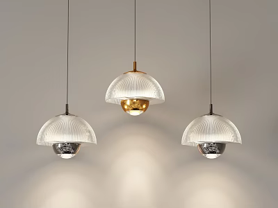 Three Modern Pendant Lights With Domed Glass Shades Gold Accent And Metallic Bases Ceiling Hanging 3d model