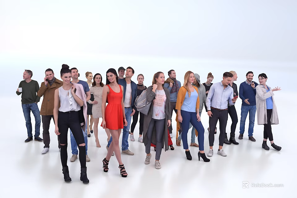 Group of Diverse People Standing in Various Casual Outfits on White Background 3d model 