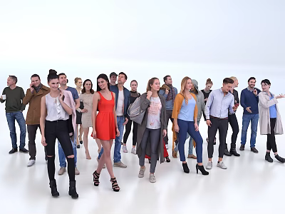 Group of Diverse People Standing in Various Casual Outfits on White Background 3d model
