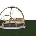 Outdoor Sofa With Light Colored Cushions In Transparent Dome Wooden Frame On Green Grassland
