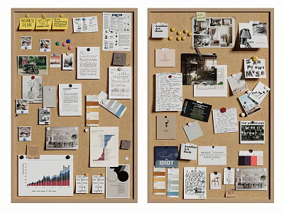 Corkboard Background Wall Decorated With Notes Photos Charts Papers And Push Pins 3d model