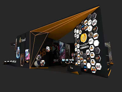 Modern Exhibition Booth with Black Yellow Design Hexagonal Elements Brand Logos and Display Screens 3d model