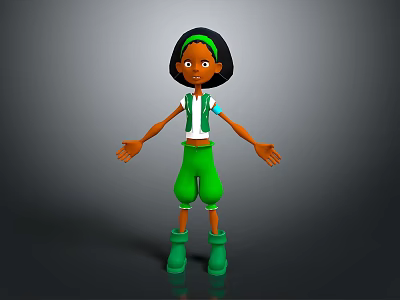 Child Character In Green Pants And Boots With White Top And Open Arms Standing Pose 3d model