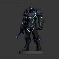 Black Armored Warrior Model With Blue Glowing Lines Holding Sword On Pedestal Base