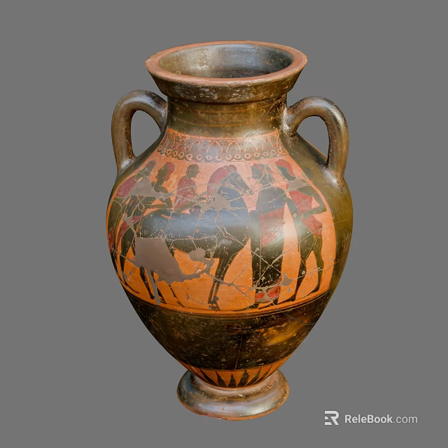 Ancient Ceramic Vessel with Two Handles Featuring Red Black Figure Scenes and Intricate Decorative Patterns 3d model 
