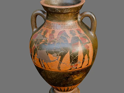 Ancient Ceramic Vessel with Two Handles Featuring Red Black Figure Scenes and Intricate Decorative Patterns 3d model