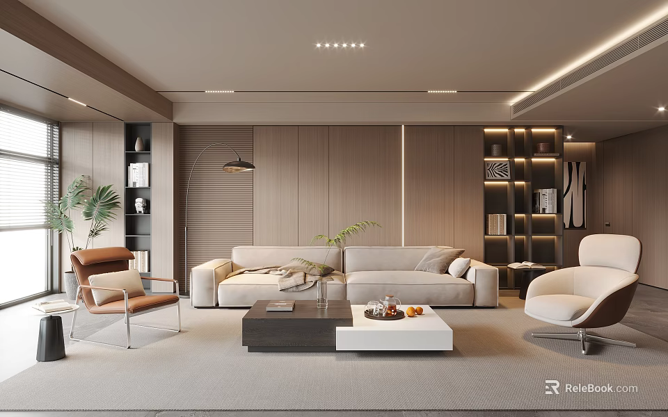 Modern Living Room Interior With Beige Sofa Armchairs Coffee Tables Green Plants And Wooden Walls 3d model 