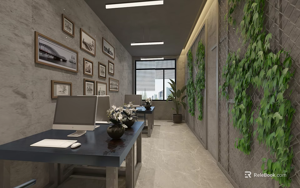 Modern Public Office Space With Desks Computers Framed Photos Green Plant Walls And Natural Light 3d model 