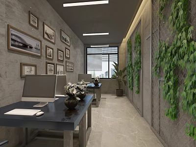 Modern Public Office Space With Desks Computers Framed Photos Green Plant Walls And Natural Light 3d model