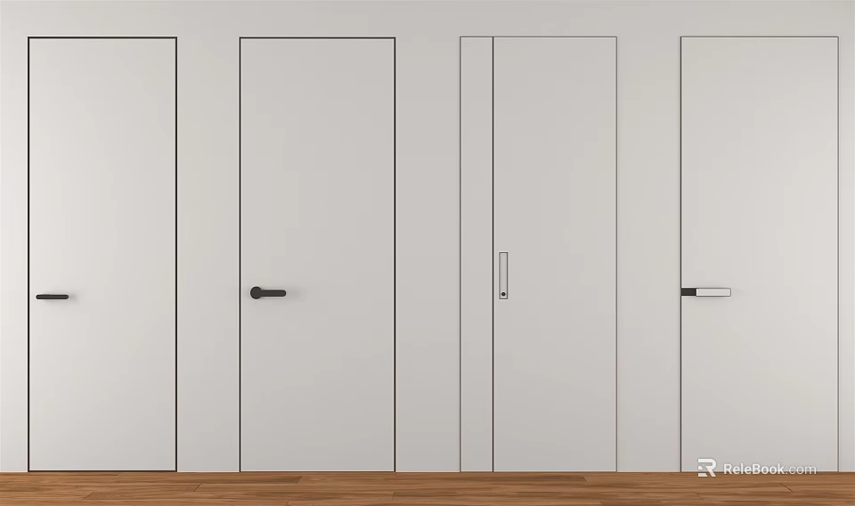 Minimalist Hinged Doors With Different Handle Designs And White Panel Finish 3d model 
